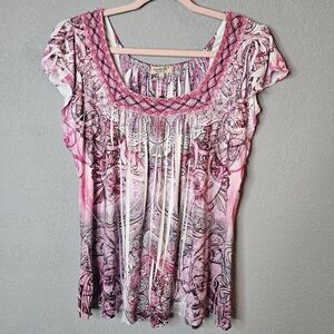One World Shirt Sz M Pink Boho Hippie Stretch Knit Sublimated Tunic Crochet Neck